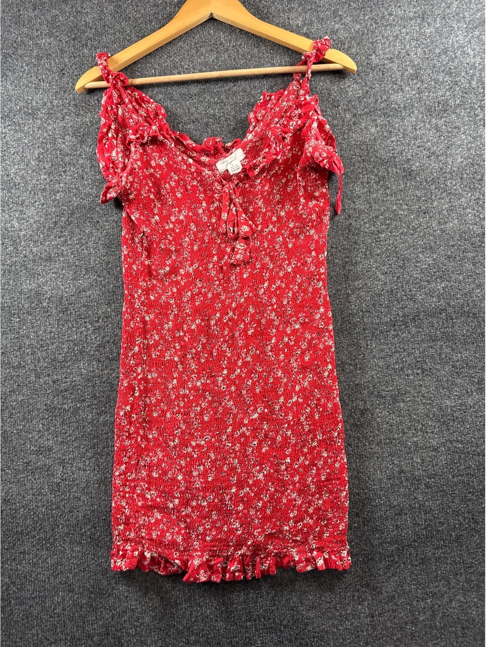 Eyeshadow Womens L Red Floral Smocked Mini Dress Short Sleeve Boho